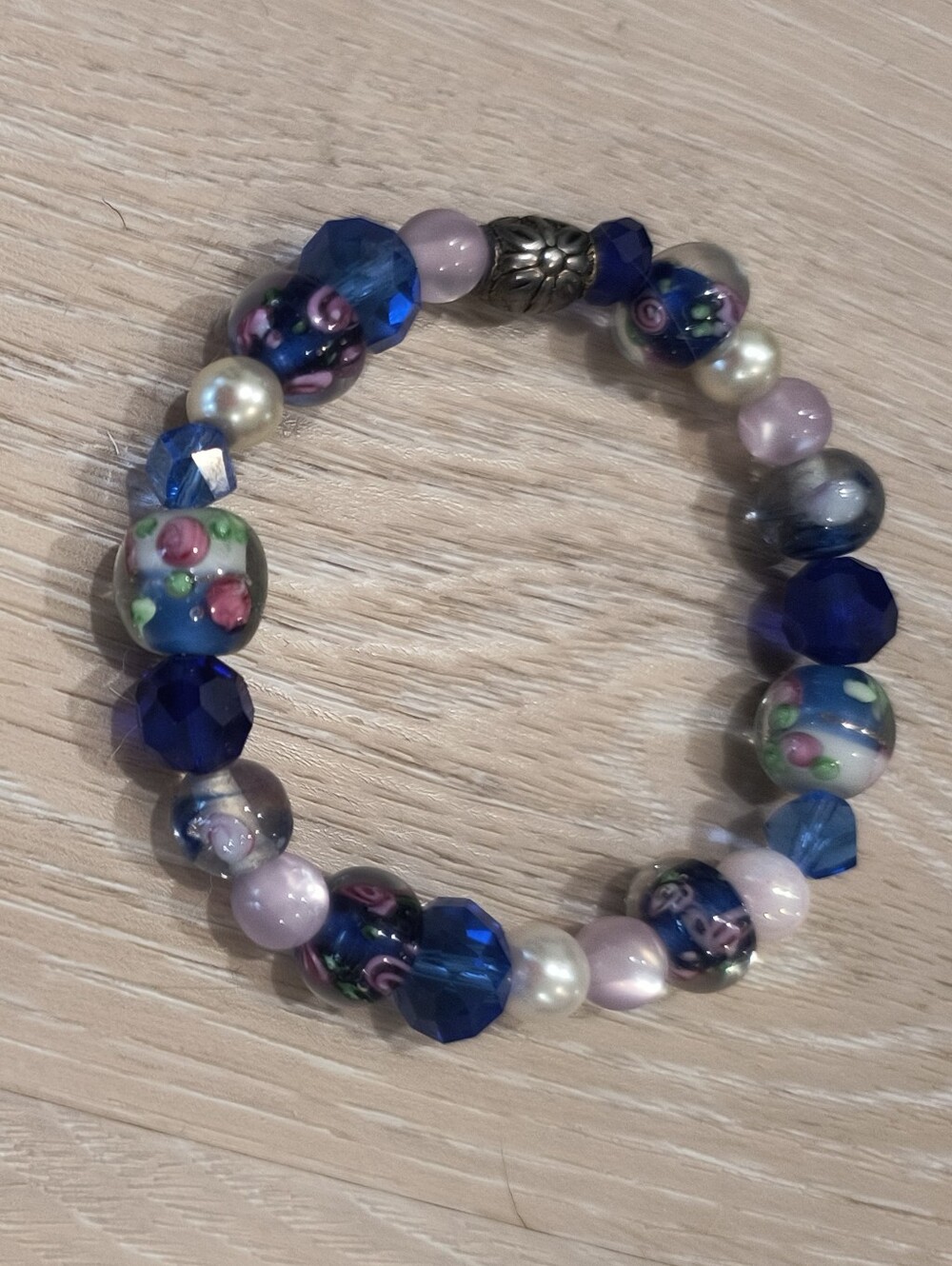 Handcrafted Blue Floral Glass Bead Bracelet